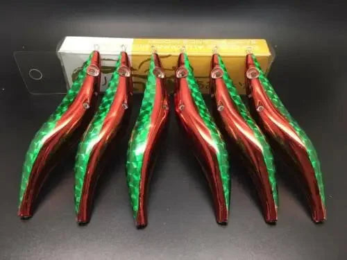 RUI AK47 Green Back Red Belly Glow Foil Squid Jig side profile for night fishing, pier lights and low-light Australian eging