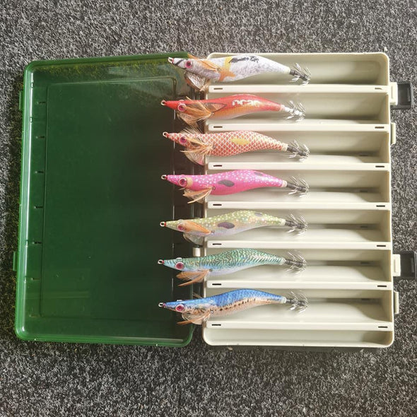 RUI Sporting Goods Fishing Baits, Lures & Flies Jigs 14 Fans Size 3.5 Squid Jigs Bundle including Carry Case.