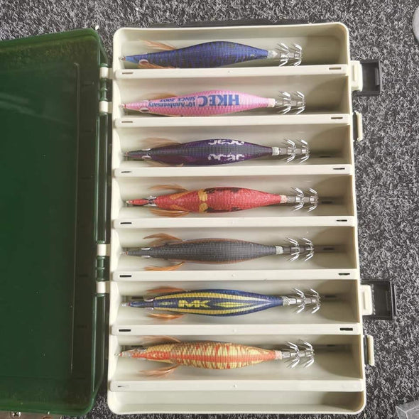 RUI Sporting Goods Fishing Baits, Lures & Flies Jigs 14 Fans Size 3.5 Squid Jigs Bundle including Carry Case.